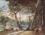 unknow artist A wooded landscape with a beggar kneeling before a cardinal